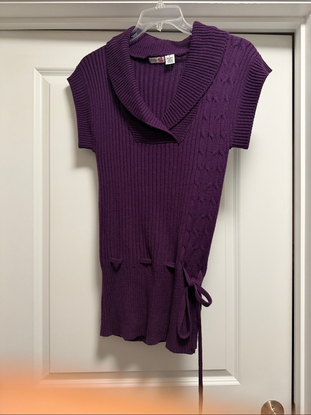Purple Rib Knit Shawl Collar Tie-Waist Sweater Top